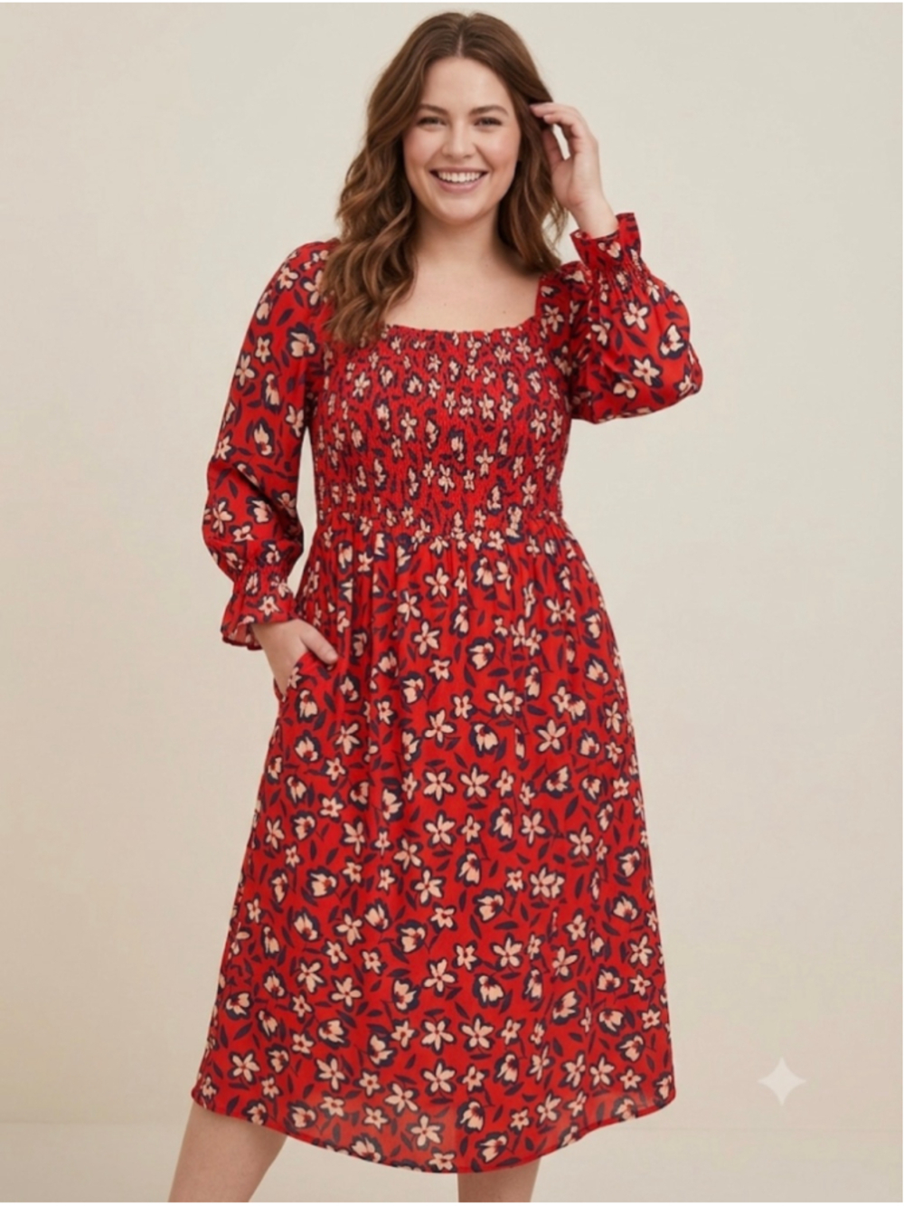WHO WHAT WEAR Red Floral Long Sleeve Dress Plus XL